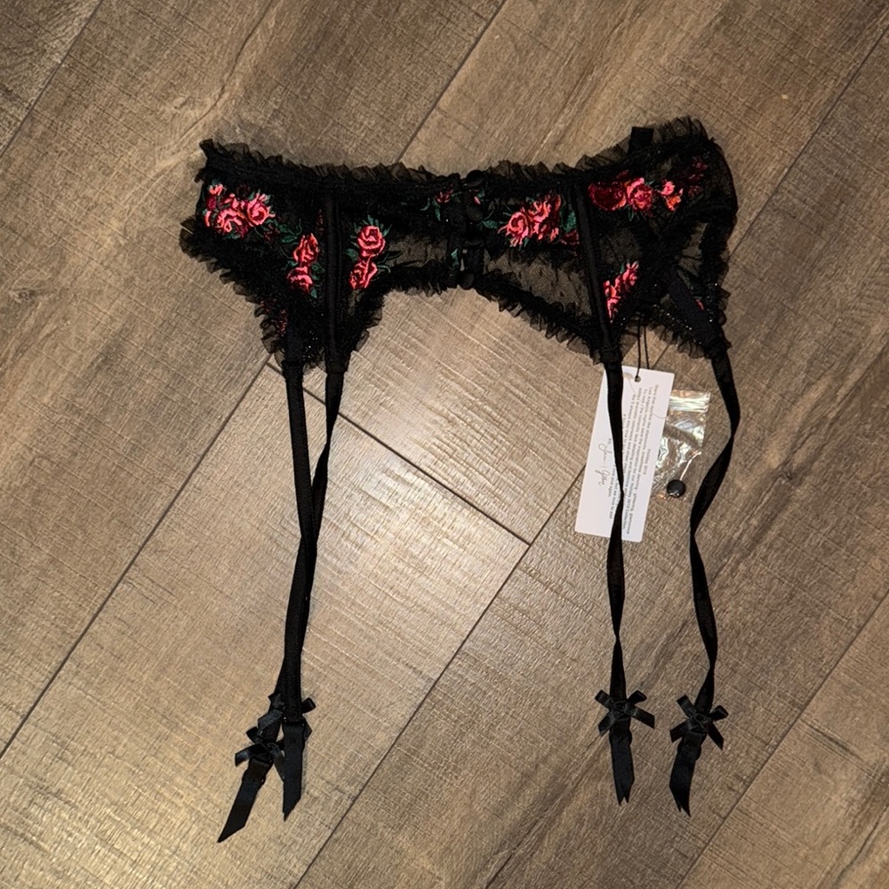For Love & Lemons Black Rose Floral Mesh Ruffle Garter Belt